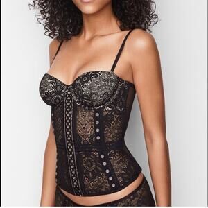 Victoria's Secret Black Lace & Mesh Boned Bustier Corset Top